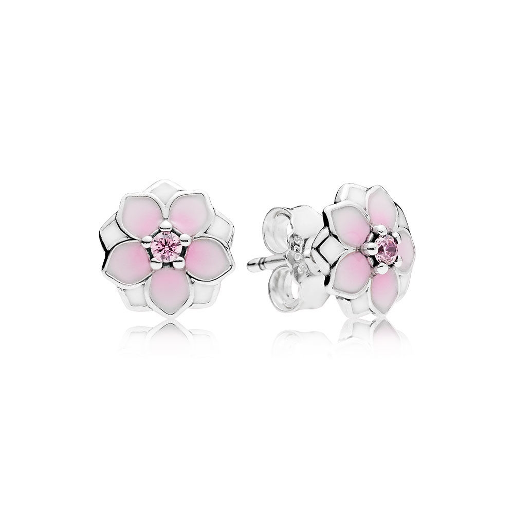 Pandora Magnolia Bloom Stud Earrings, Pale Cerise Enamel & Pink