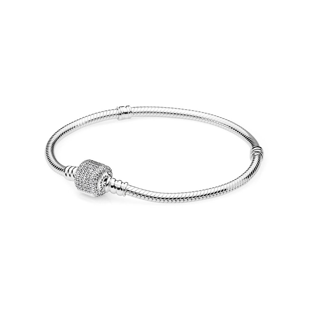 Pandora Sterling Silver Bracelet w/ Signature Clasp, Clear CZ 59