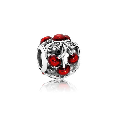Cherry silver charm with clear cubic zirconia and red enamel 791