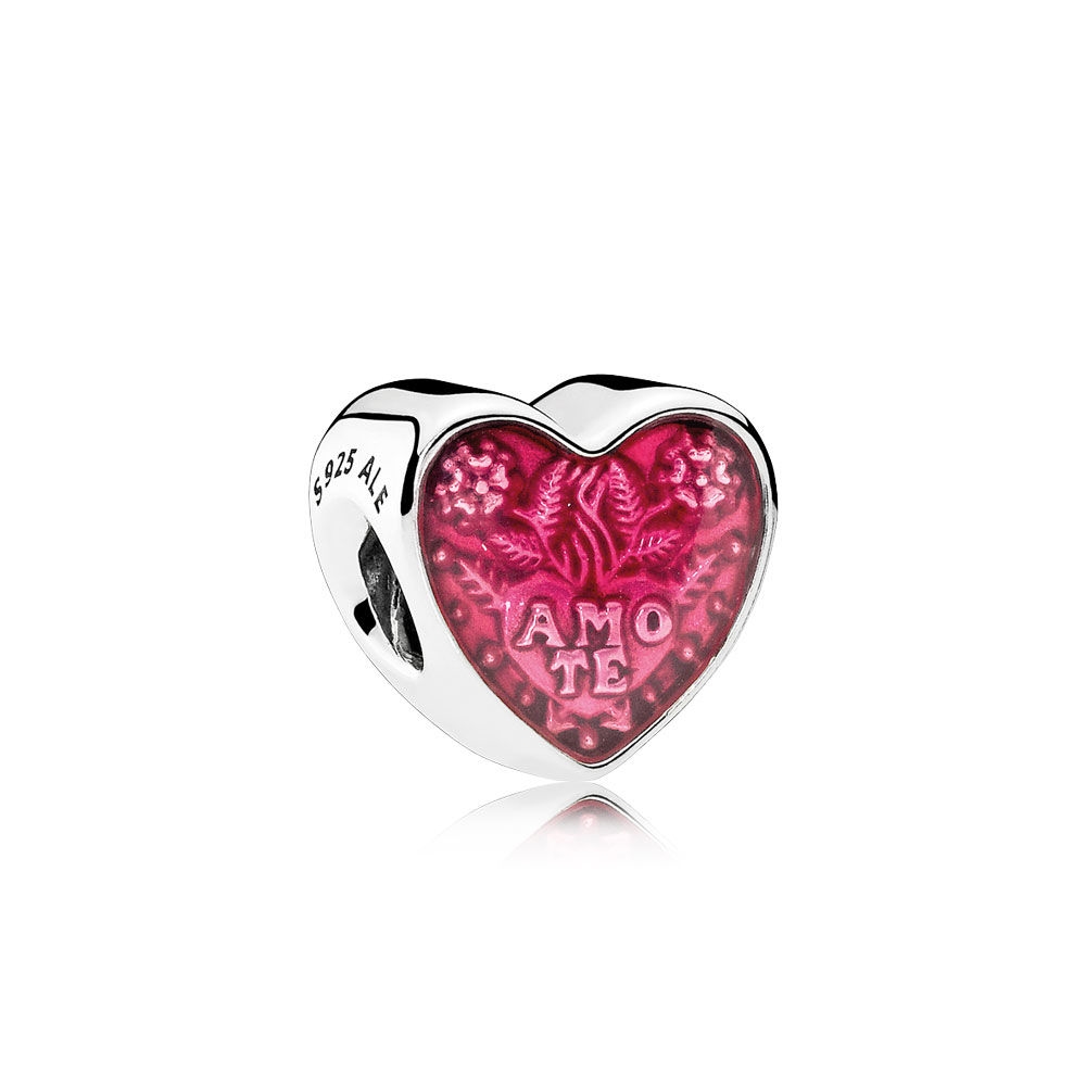 Pandora Latin Love Heart Charm, Transparent Cerise Enamel 792048