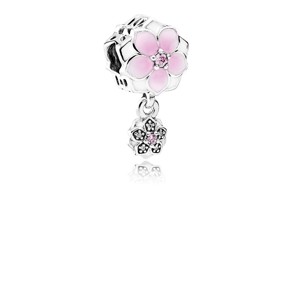 Pandora Magnolia Bloom Charm, Pale Cerise Enamel, Pink & Clear C