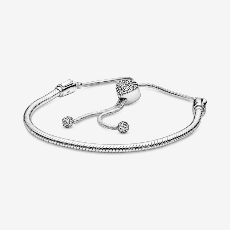Pandora Moments Pave Heart Clasp Snake Chain Slider Bracelet 598699C01